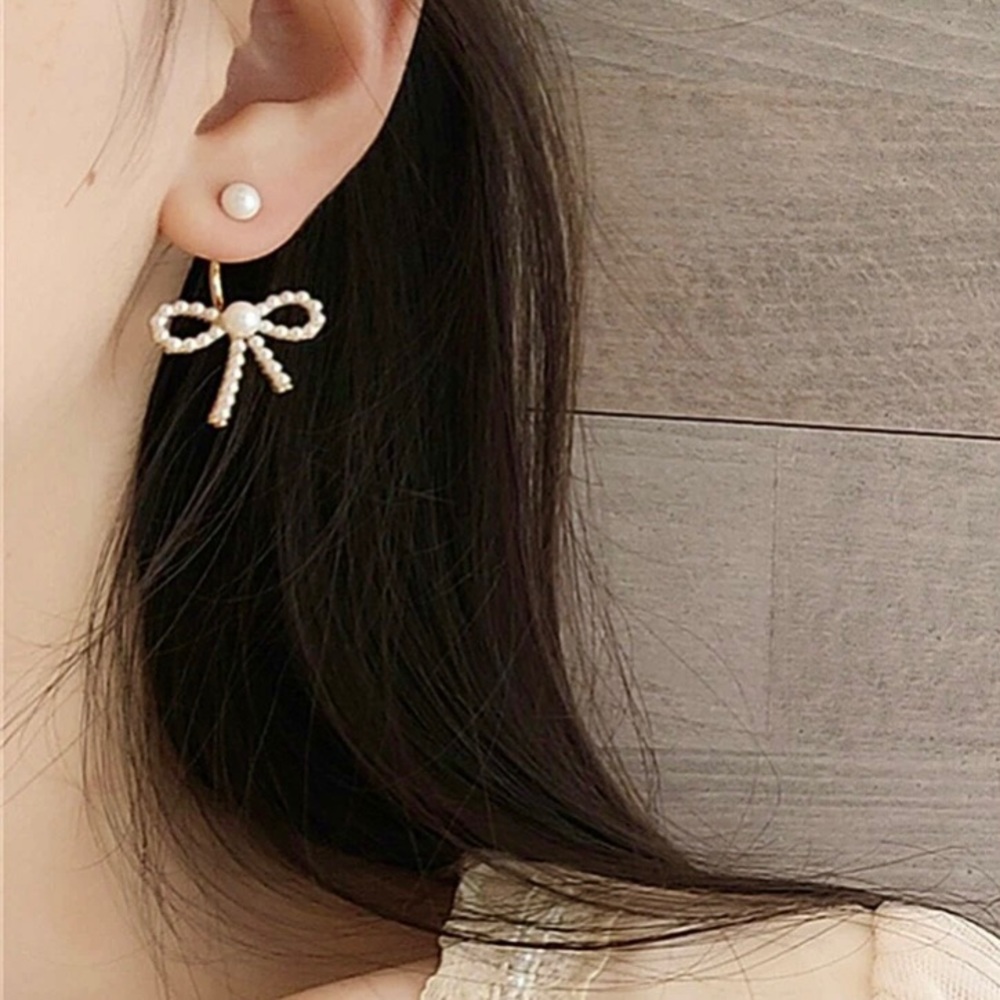 925 Sterling Silver Faux Pearl Bow Tie Earrings